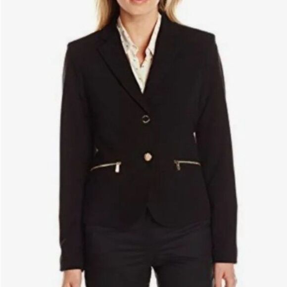 Calvin Klein Jackets & Blazers - Calvin Klein Blazer Black Two Button Jacket Gold Zippered Pockets Fitted Size 8